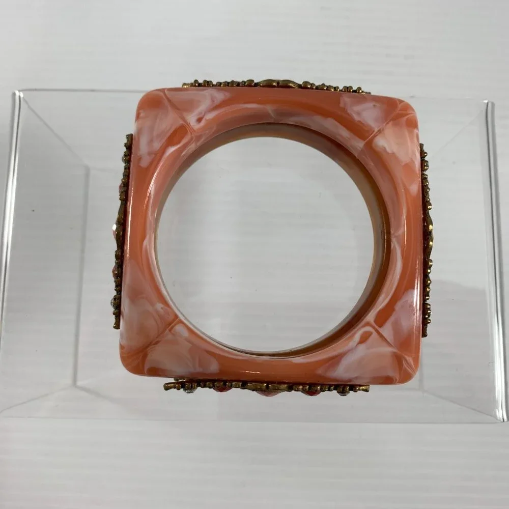 Lot of 2 Plastic Bejeweled Square Bangles Pink Tan Marbling Look Rhinestones